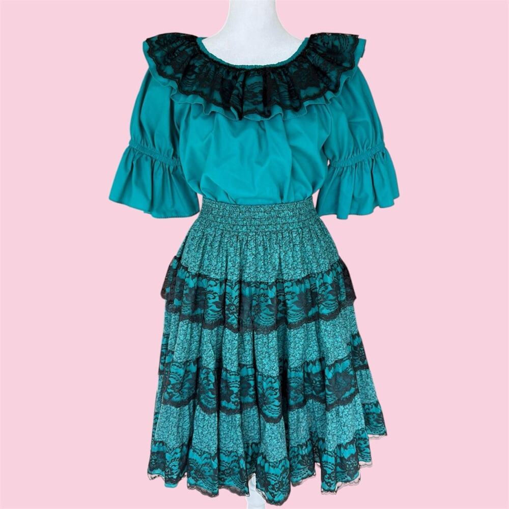 Vintage 1980s teal lace square dancing blouse and skirt set with black lace trim